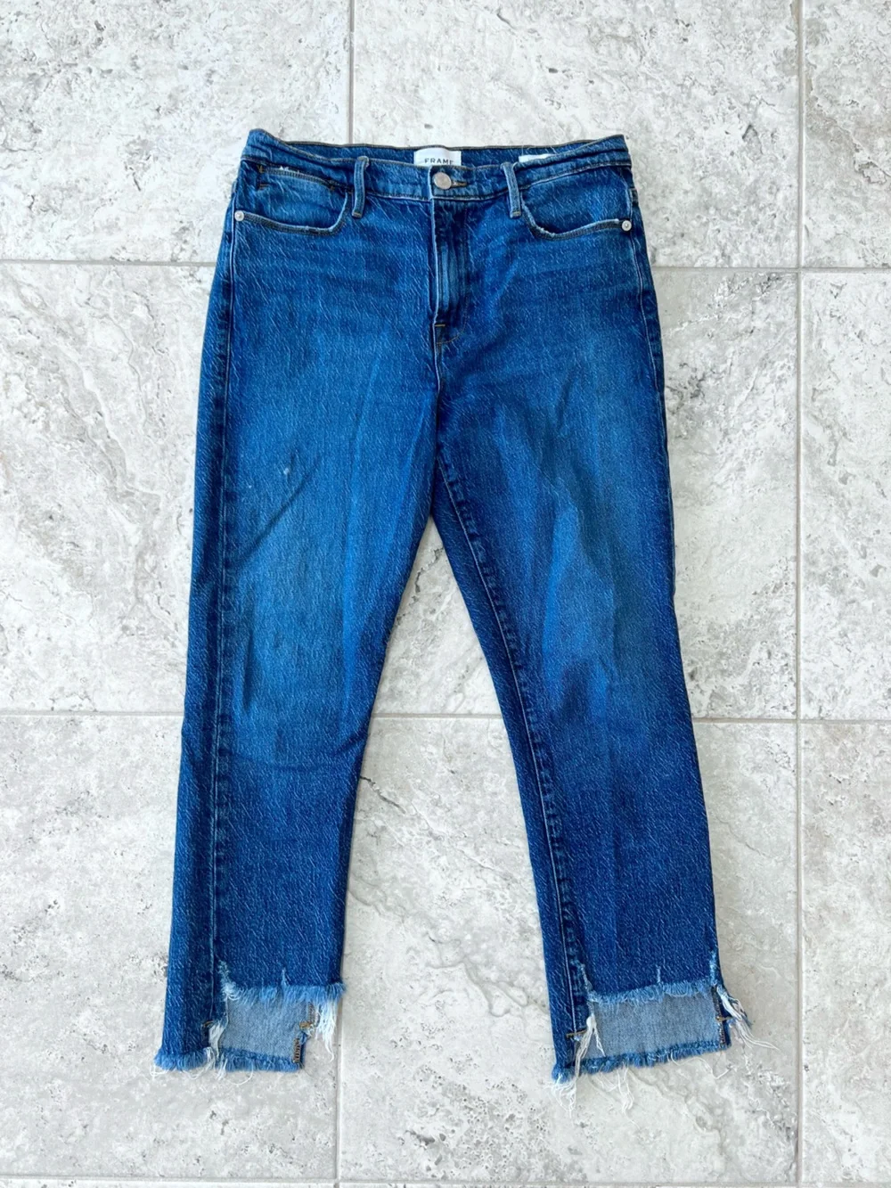 Frame Le High Straight Leg Distressed Cropped Stretch Jeans Medium Blue Wash, 29 - Picture 2 of 12